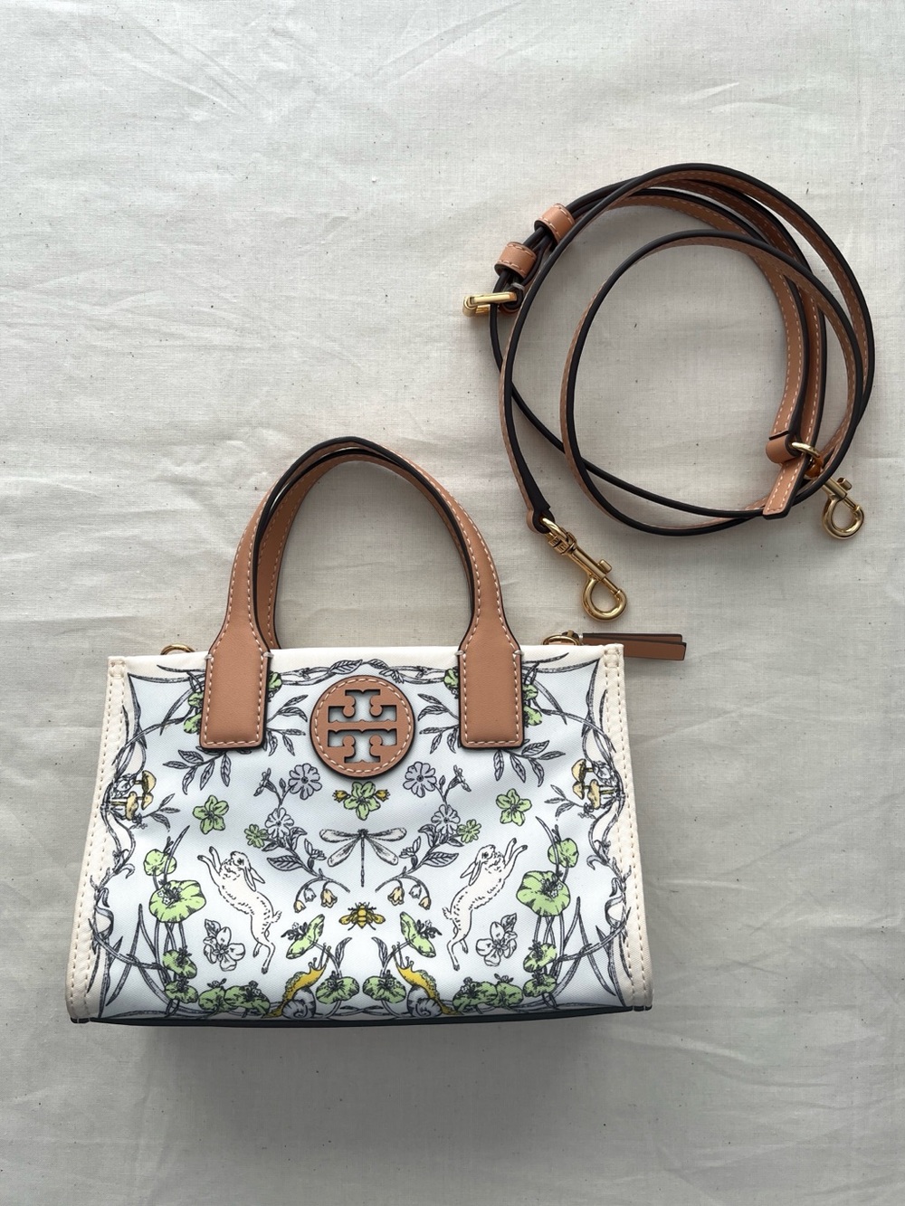 Tory Burch White Floral Mini Tote with Tan Handles and Gold Logo